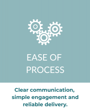 white cogs icon on light teal background with white text saying Ease of Process