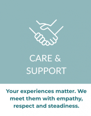 white handshake icon on light teal background with text saying Care and Support
