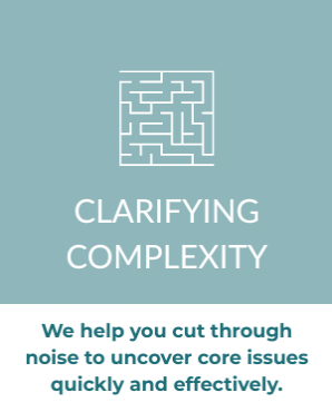 white maze icon on light teal background with text saying Clarifying complexity
